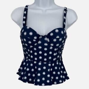 Bikini Swimsuit Peplum Top with Burst Circle Print in Blue and White Size Small